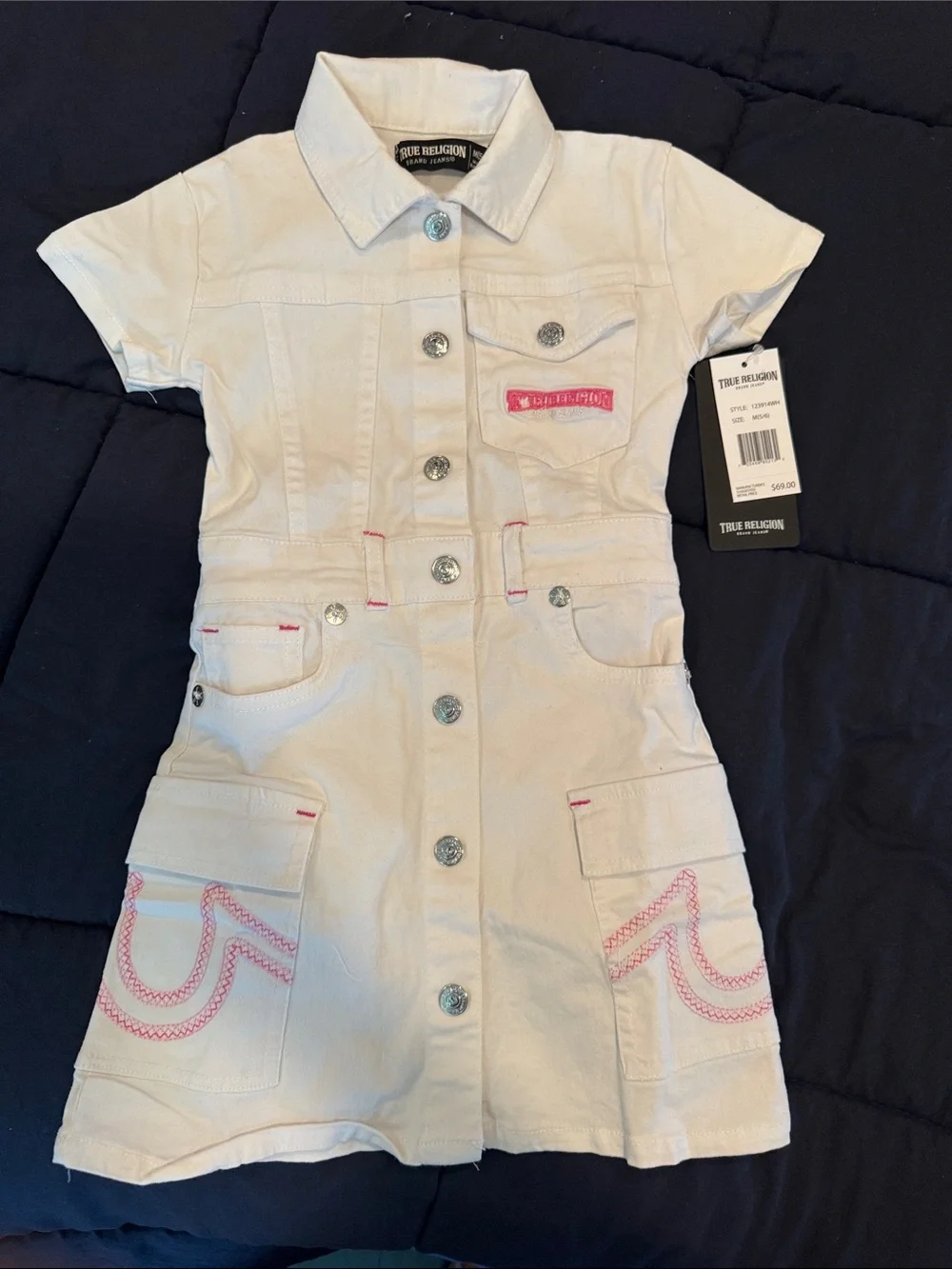 True Religion White Short-Sleeve Denim Dress with Pink Stitching